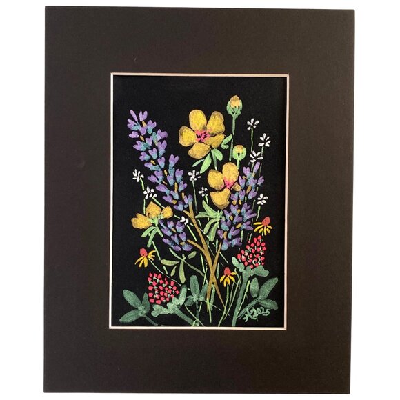 Flower Riot 2 Original Iridescent Watercolor Painting 8x10in Matted Frame Ready - Picture 2 of 6